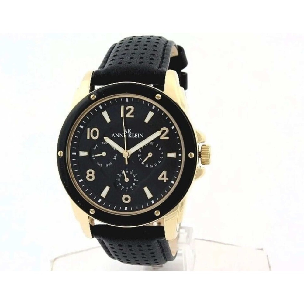 Anne Klein Watch Womens 10/9656 Black Gold Multi-function Leather Strap